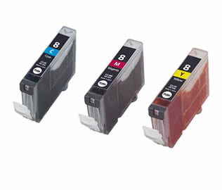 Compatible Set of 3 Canon CLI-8 (0621B026) Cyan, Magenta & Yellow Inkjet Print Cartridges