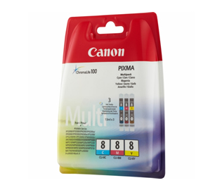 Set of 3 Canon CLI-8 (0621B026) Cyan, Magenta & Yellow Inkjet Print Cartridges
