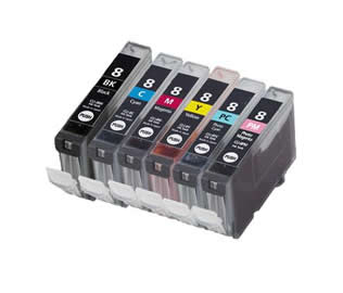 Set of 6 Compatible Canon CLI-8 Black (0620B001), Cyan (0621B001), Magenta (0622B001), Yellow (0623B001), Photo Cyan (0624B001) & Photo Magenta (0625B001) Inkjet Print Cartridges
