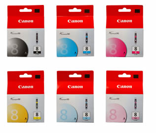 Set of 6 Canon CLI-8 Black (0620B001), Cyan (0621B001), Magenta (0622B001), Yellow (0623B001), Photo Cyan (0624B001) & Photo Magenta (0625B001) Inkjet Print Cartridges