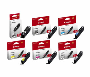 Set of 6 Canon PGI-550XL + CLI-551XL High Yield Black, Photo Black, Cyan, Magenta, Yellow & Grey Inkjet Print Cartridges