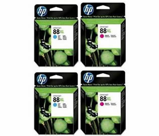 Set of 4 HP 88XL High Yield Black (C9396AE), Cyan (C9396AE), Magenta & Yellow (C9393AE) Inkjet Print Cartridges