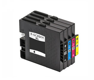 Set of 4 Compatible Ricoh GC31 High Yield Black (405701), Cyan (405702), Magenta (405703) & Yellow (405704) Gel Inkjet Print Cartridges