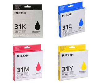 Set of 4 Ricoh GC31 High Yield Black (405701), Cyan (405702), Magenta (405703) & Yellow (405704) Gel Inkjet Print Cartridges
